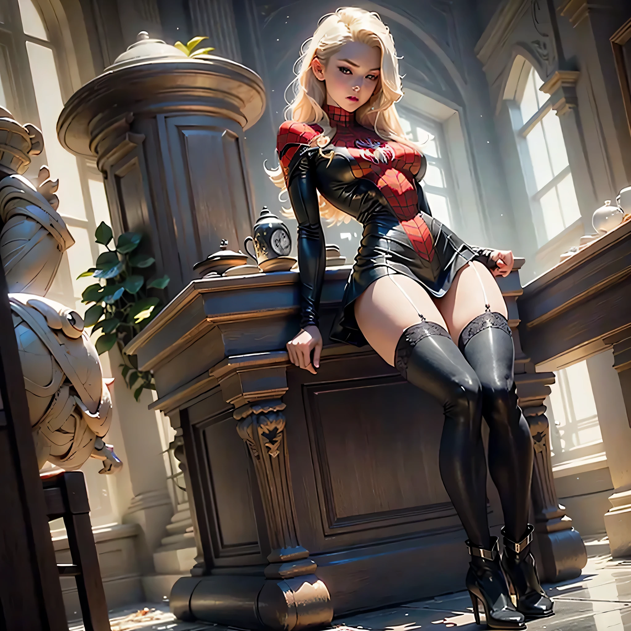 sexual, mason, back, smiling, Long blonde hair and green eyes, black cropvertex, vertex, Jacket, Blue pencil skirt, red boots, White gloves, high heel boots