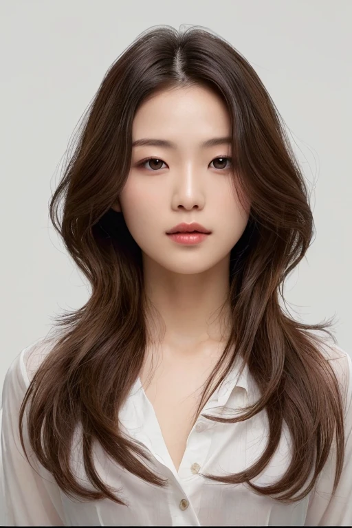 Best Quality, 8k, Masterpiece, (Portrait: 1.3), (photo realistic:1.4), (hyper realistic:1.4), Sharp Focus, looking at viewer, (smoother lighting:1.1), (increase cinematic lighting quality:0.9), realistic lighting, backlighting, light on face, ray trace, (brightening light:1.2), (Increase quality:1.4), sharp detail, (best quality real texture skin:1.4), finely detailed eyes, black_eyes, finely detailed face, 25 year old Korean woman, (white formal_shirt:1.4), (Create an image maintaining the original base model hairstyle:1.5)