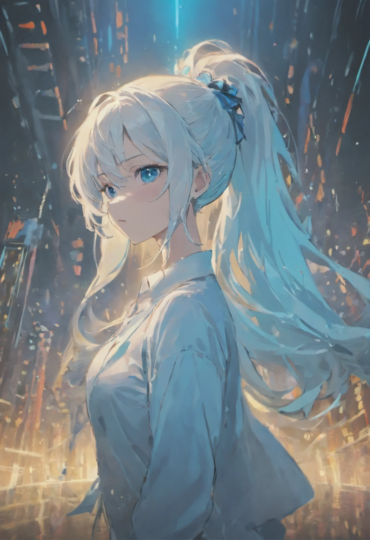Anime woman with long white hair (in a ponytail) and bright blue eyes wearing a white blouse and dark pants
