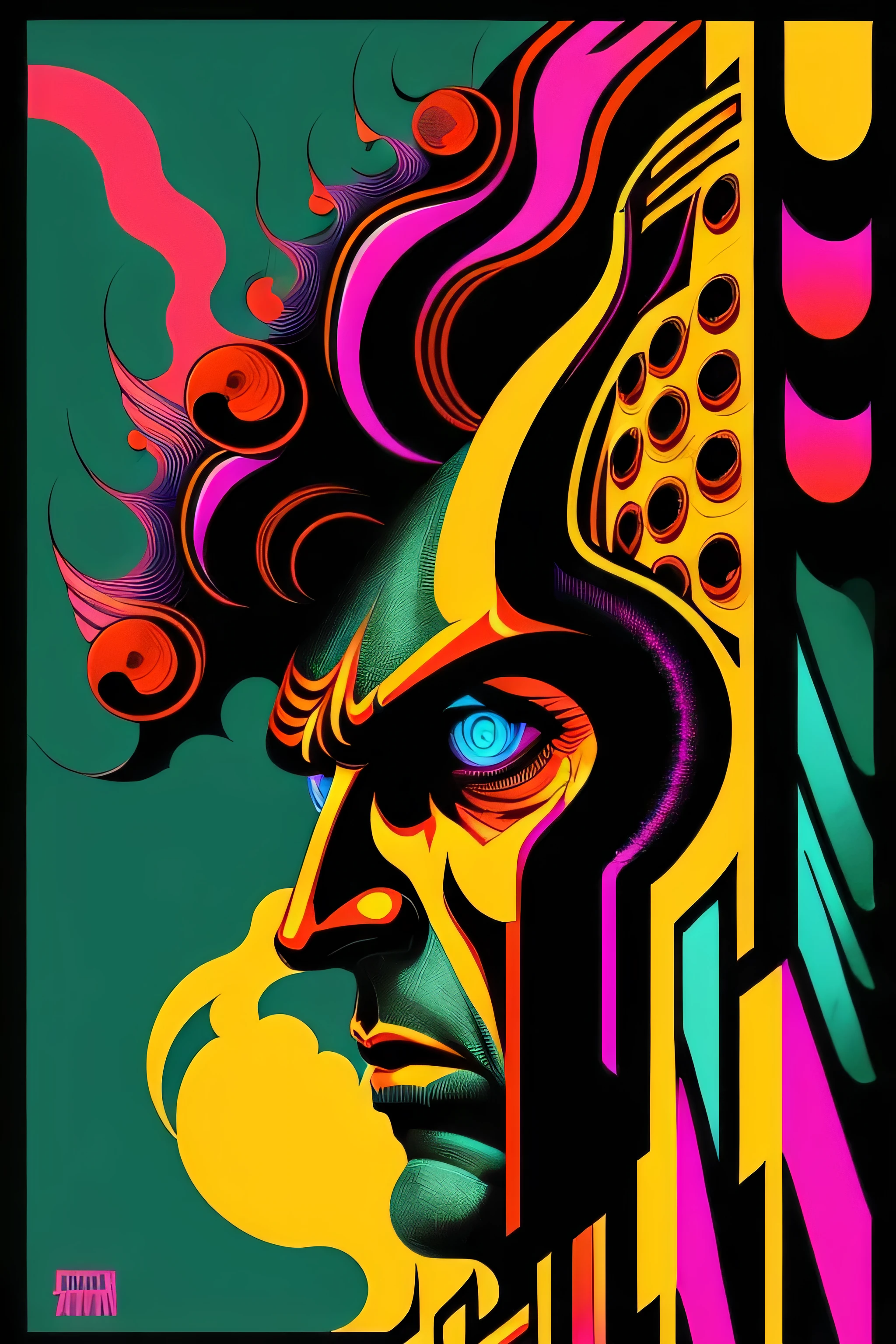 Psychedelic poster of an angry man against a futuristic machine, title "El Sonido de la Furia" psychedelic lettering in Spanish
