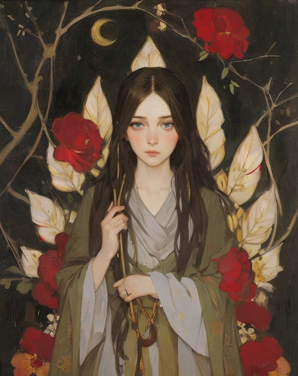 ((Blondehair)),Malcolm Liepke style,mucha, frontage, 1girl, black hair, long hair, lips, closed mouth, emotional painting, pale color pallete 