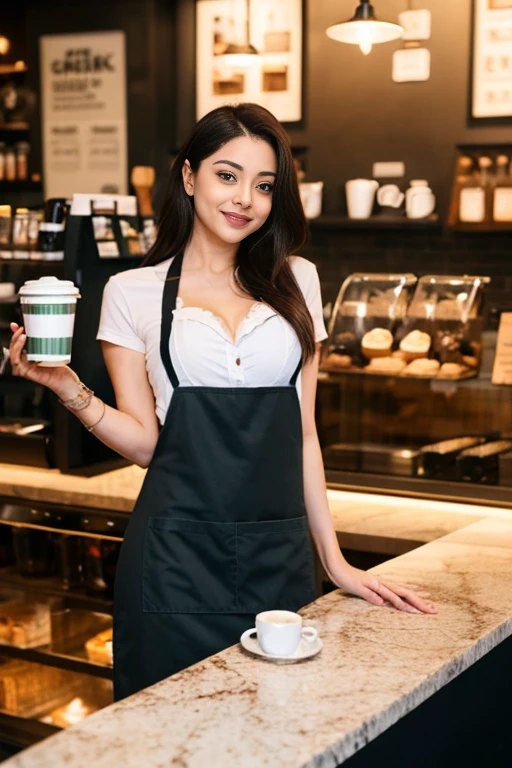 A Aishwarya Rai in a Starbucks uniform makes coffee, Big breast、just wearing apron、full body, , naughty seductive pose,