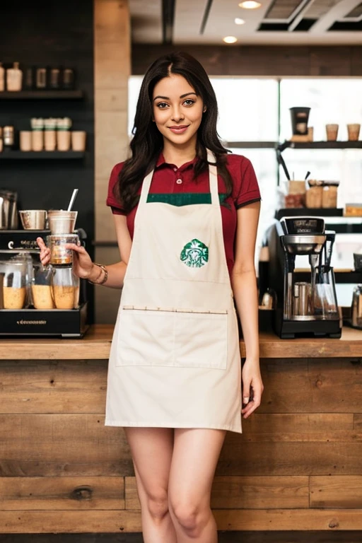 A Aishwarya Rai in a Starbucks uniform makes coffee, Big breast、just wearing apron、full body, , naughty seductive pose,
