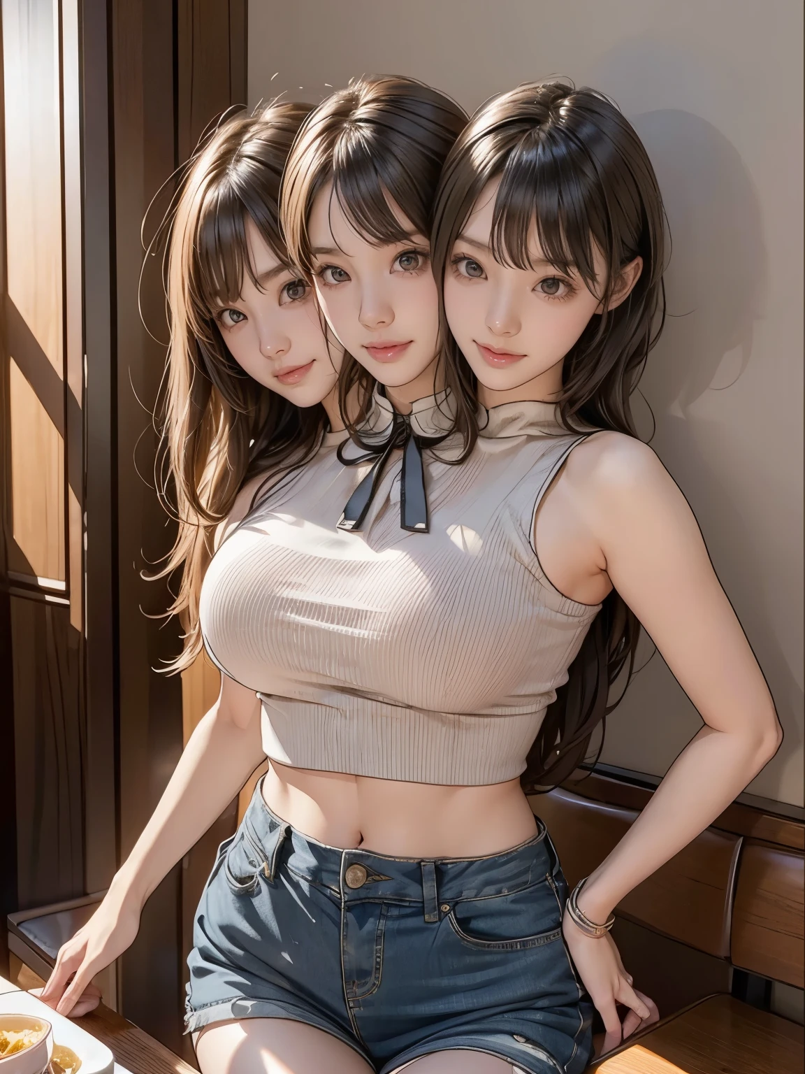 1girl, 21 years old,  couple focus ,    japanese girls,  (smile:0.7) ,  Upper body, Please think back, black boat-neck top, midriff, grinning smile, short hair, curtain bangs, brown hair , sitting at a restaurant table, night time, on a date, (high color saturation:1.0),  (highly detailed skin), (highest quality:1.0), (ultra high resolution:1.0) ,(realistic:1.0), (Super detailed:1.0), (8K, RAW photo:1.1), conjoined_dicephalus, (two heads:1.2)