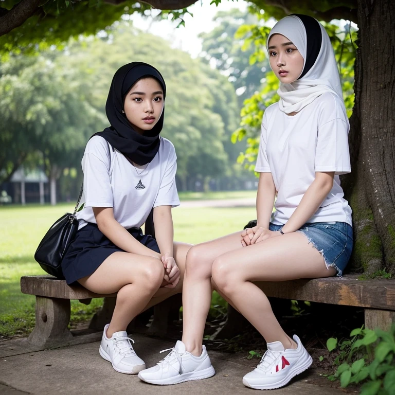 ((best quality)), ((masterpiece)), (detailed), perfect face photography, realistic two Indonesian young people consisting of: 1 young man ((18 years old, short hair slightly tied, oval and clean face, thin body)), and 1 girl ((17 years old, hijab, beauty face, slim body, Korean artist face)), both of them were wearing high school uniforms with white tops and gray bottoms, sneakers, sitting on wooden benches, looking intimate, under a big banyan tree, on the hill. under the hill you can see lush green vegetation, there is a rubber processing factory. a high way