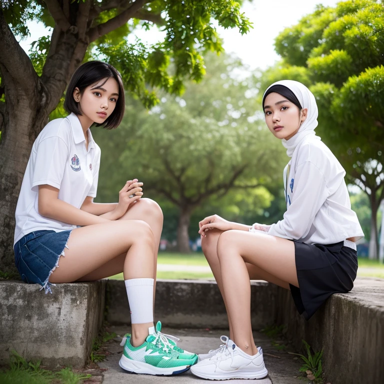 ((best quality)), ((masterpiece)), (detailed), perfect face photography, realistic two Indonesian young people consisting of: 1 young man ((18 years old, short hair slightly tied, oval and clean face, thin body)), and 1 girl ((, hijab, beauty face, slim body, Korean artist face)), both of them were wearing high school uniforms with white tops and gray bottoms, sneakers, sitting on wooden benches, looking intimate, under a big banyan tree, on the hill. under the hill you can see lush green vegetation, there is a rubber processing factory. a high way