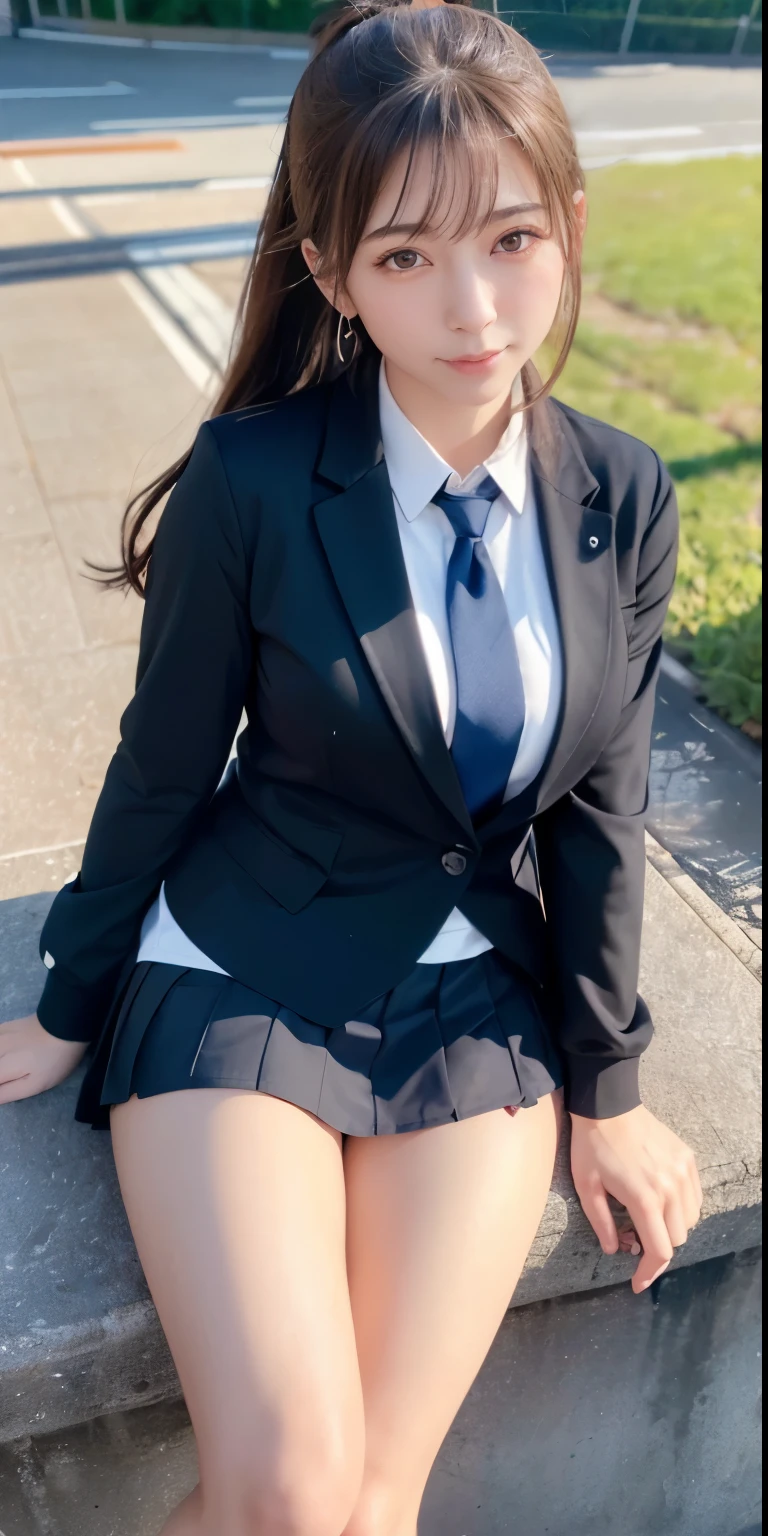 (16k, RAW Photos, Best image quality, masterpiece: 1.45), (Realistic, Photorealistic: 1.37), One Girl, cute, Cityscape,, Professional Lighting, Photon Mapping, School classroom, Physically Based Rendering, Dark brown hair,Ponytail hairstyle, Beautiful well-groomed eyes、((double eyelid))、super cute girl, (((school uniform、blazer、Long-sleeved shirts worn by Japanese high school girls、Ribbon tie、Dark blue mini skirt,、Dark blue socks、Black Loafers))), Highest quality photos, High resolution, 1080p, (Clear Face), (Detailed facial depiction), (Detailed description of the handpiece), (Detailed CG)、Extreme light and shadow、Messy Hair、Masterwork、Rich details、(Detailed facial features)、(Top quality photoassessed muscle parts)、(Detailed eyes)、Look in front of you、Thin clavicle、((Slim and large))、(((Japanese female students wear jackets and long-sleeved shirts)))、((A proper idol))、((school gate、Schoolyard、With the school building in the background))、(Take photos from random perspectives)、(((Anyway that's cute)))、Earrings、Big smile、Drawing the whole body from the knees、Don't draw thin lines、(((Sports bags popular among Japanese female students)))、(Big big breasts with big drooping:1.2)、Big toned buttocks、Two Arms、Two legs、(((from the front:0.3)))、bare hands、(((Symmetrical eyes)))、Standing pose、There are also chairs.、Please put your hands on the table、Please do not remove the tie from the jacket、Lift your butt:1.5