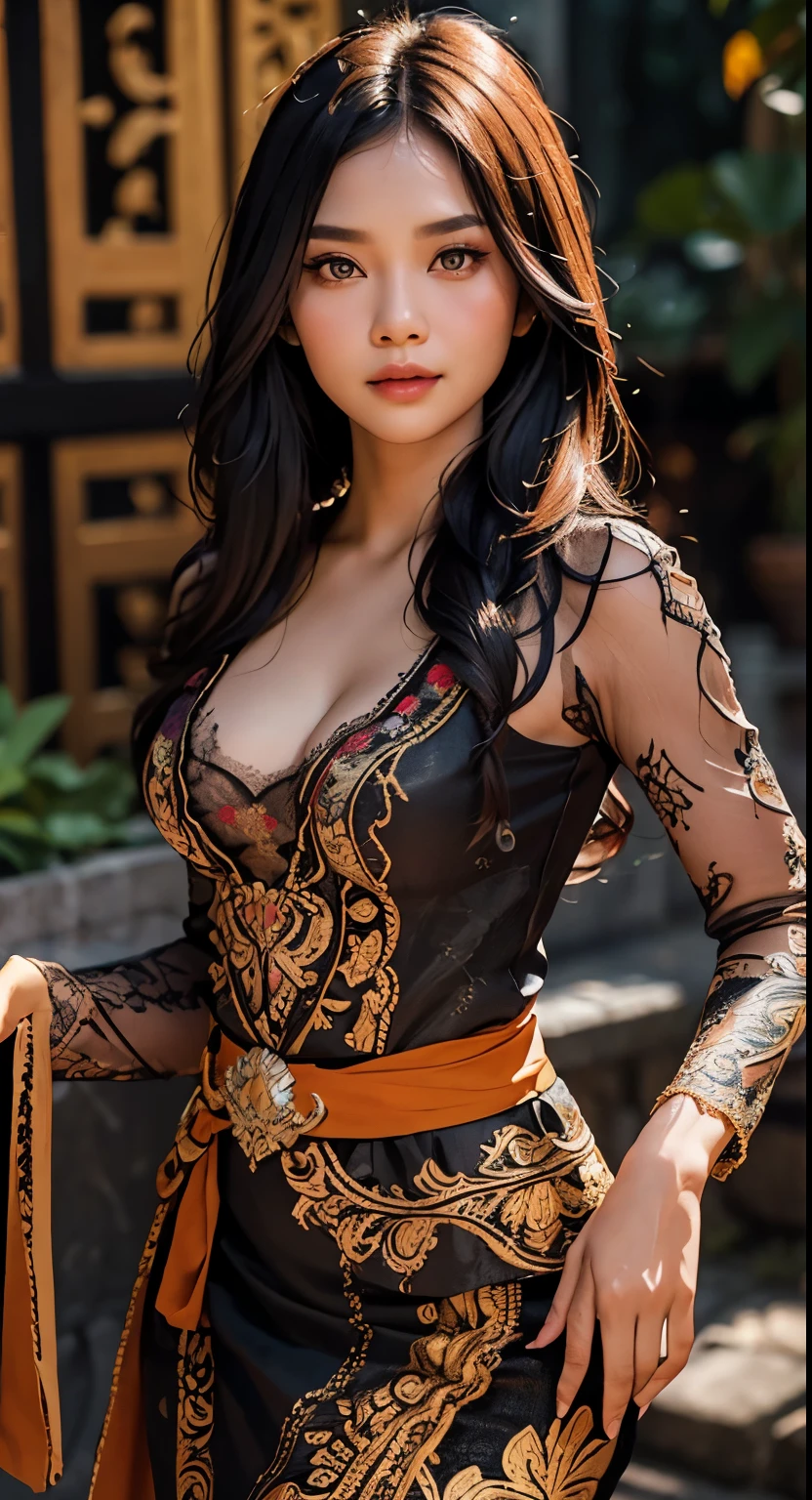 1 Indonesian-Dutch girl, 25 years old, long fashion hair, fit body, small cleavage, skintight black lace kebaya, batik skirt, masterpiece, highly detailed, ultra hd, 8k, detailed face, bright eyes, perfect eyes, detailed skin texture, detailed lips, sexy lips, perfect hands, dynamic angle, cowboy shot