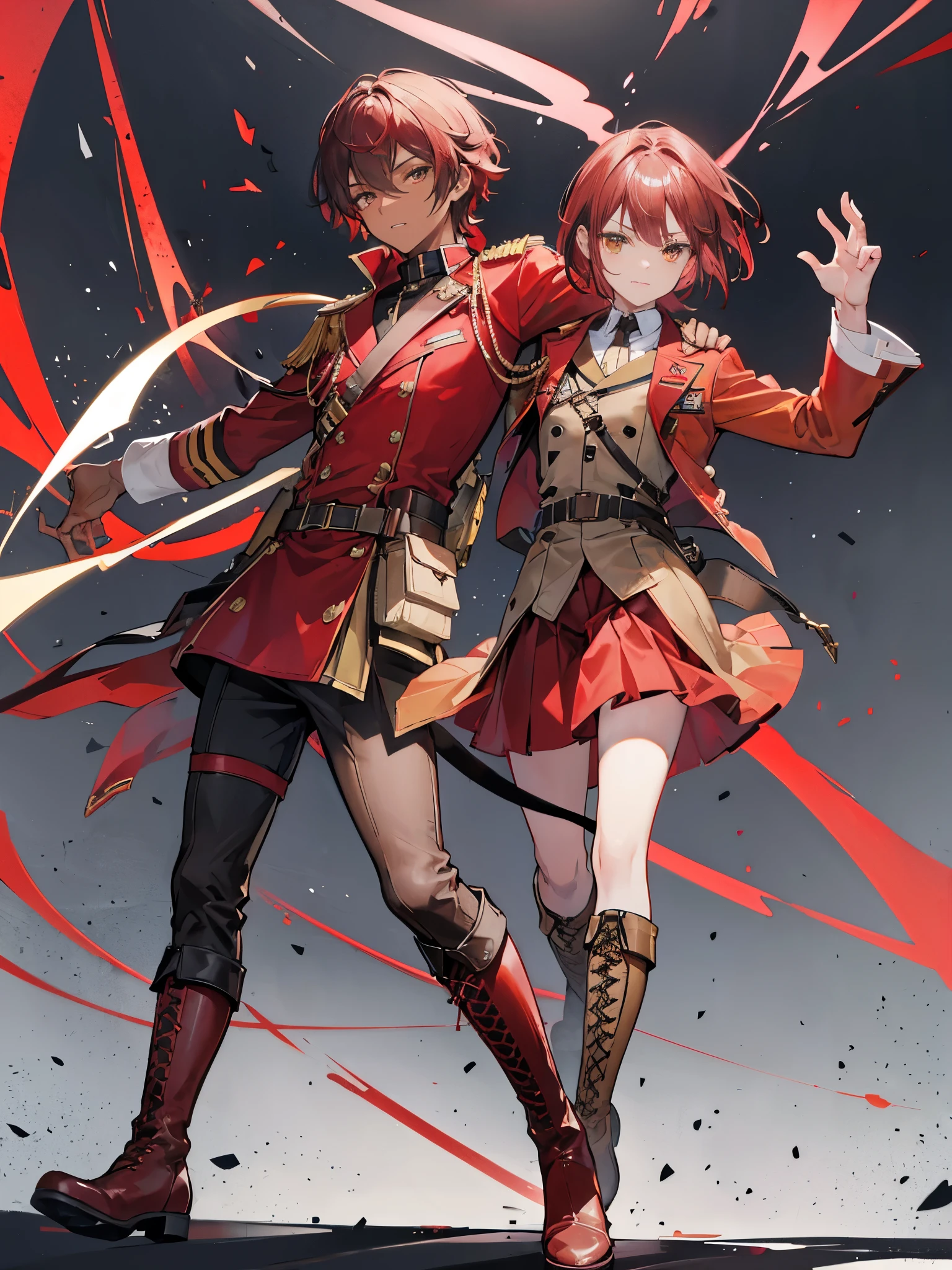 male, dark red hair, light yellow eyes, ((armed shoulder strap)), idol costume, ((Military jacket)), ((Long boots)), ((full body)), ((a boy)), short hair, ((dark skin))