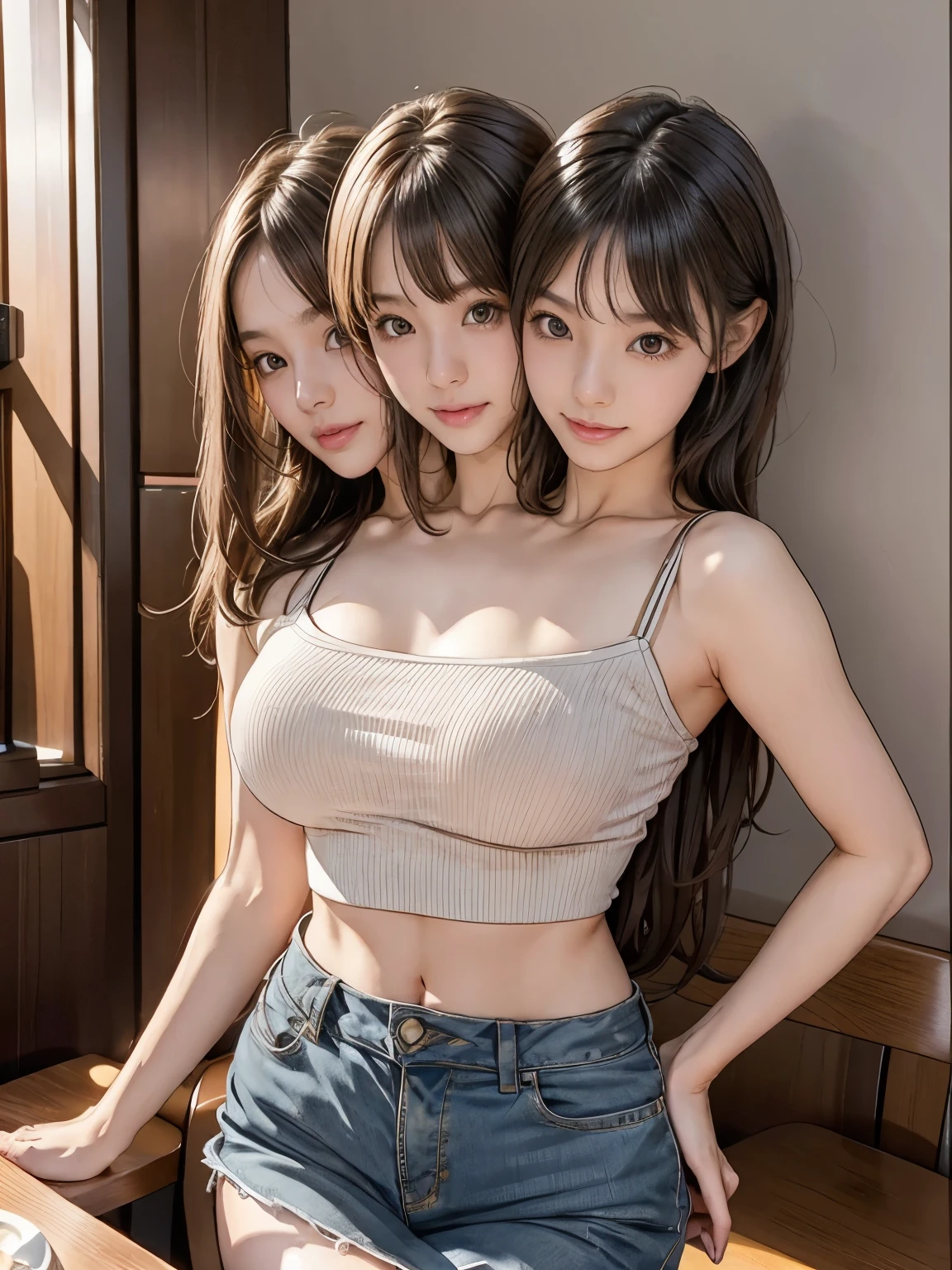 1girl, 21 years old,  couple focus ,    japanese girls,  (smile:0.7) ,  Upper body, Please think back, black boat-neck top, midriff, grinning smile, short hair, curtain bangs, brown hair , sitting at a restaurant table, night time, on a date, (high color saturation:1.0),  (highly detailed skin), (highest quality:1.0), (ultra high resolution:1.0) ,(realistic:1.0), (Super detailed:1.0), (8K, RAW photo:1.1), conjoined_dicephalus, (two heads:1.2)