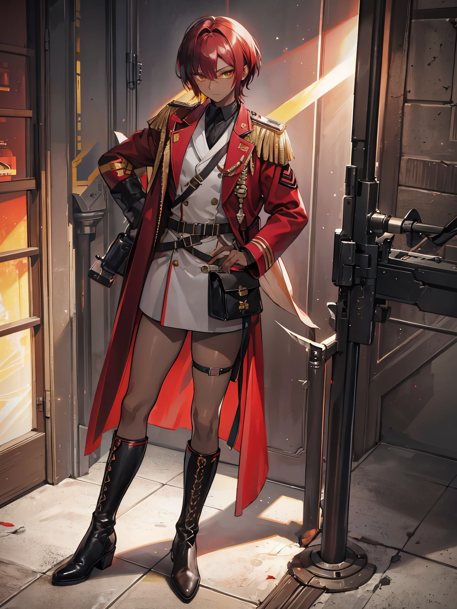 male, dark red hair, light yellow eyes, ((armed shoulder strap)), idol costume, ((Military jacket)), ((Long boots)), ((full body)), ((a boy)), short hair, ((dark skin))
