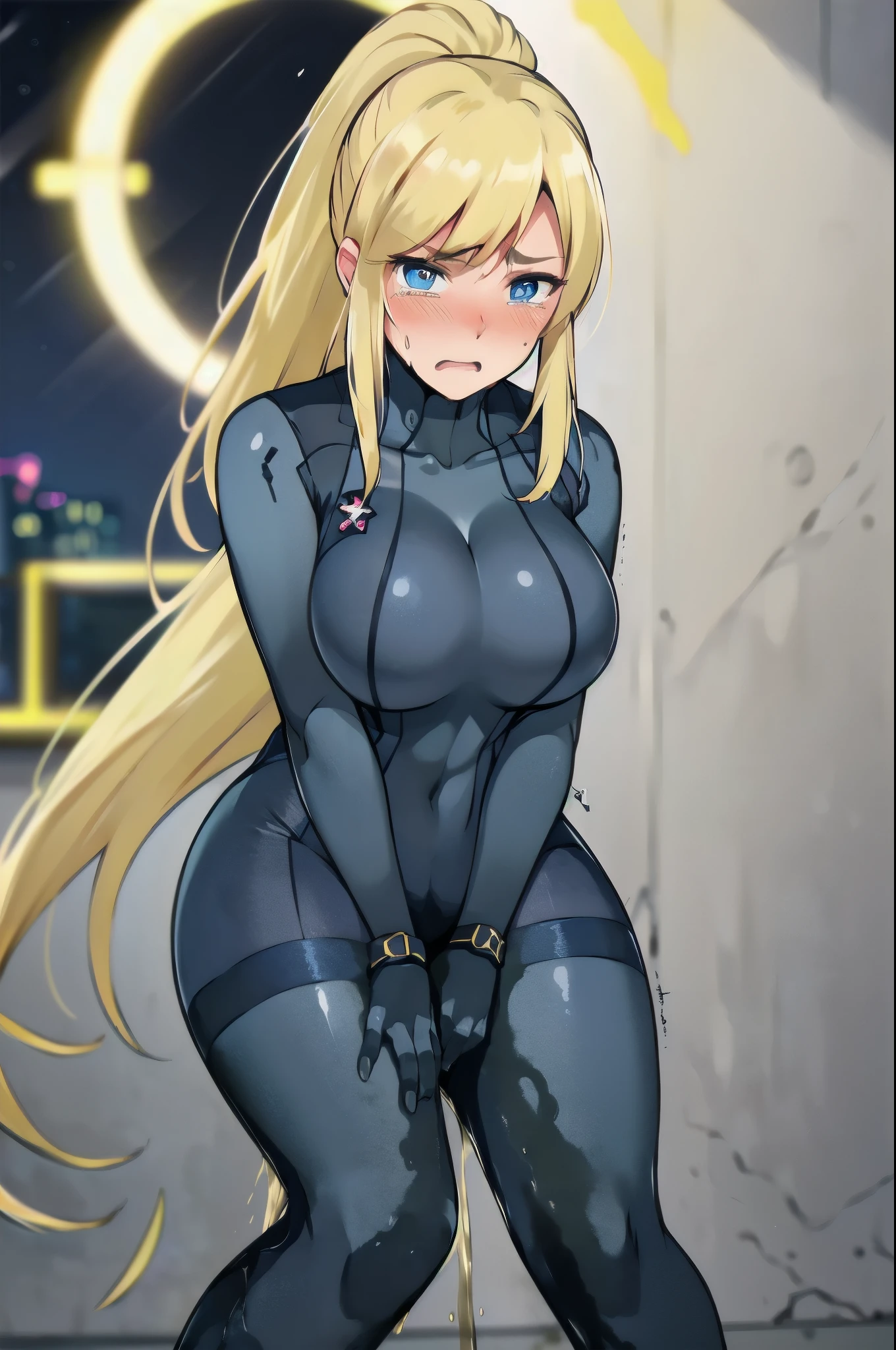 samus aran, (facing viewer:1.25), ponytail, large breasts, hair tie, blue gloves, blue bodysuit, (full bodysuit:1.5), high heels, (standing straight:2.0), peeing herself, (wetting herself:1.5), very large peeing stain, huge pee stain, best quality, ultra-detailed, HDR, studio lighting, professional, vivid colors, sharp focus, physiologically-based rendering, bokeh, landscape, blue color palette, soft lighting, dynamic shadows, (hands on thighs:1.5), embarrassed, humiliation, blushing, angry, tears, (facing viewer:2.0)