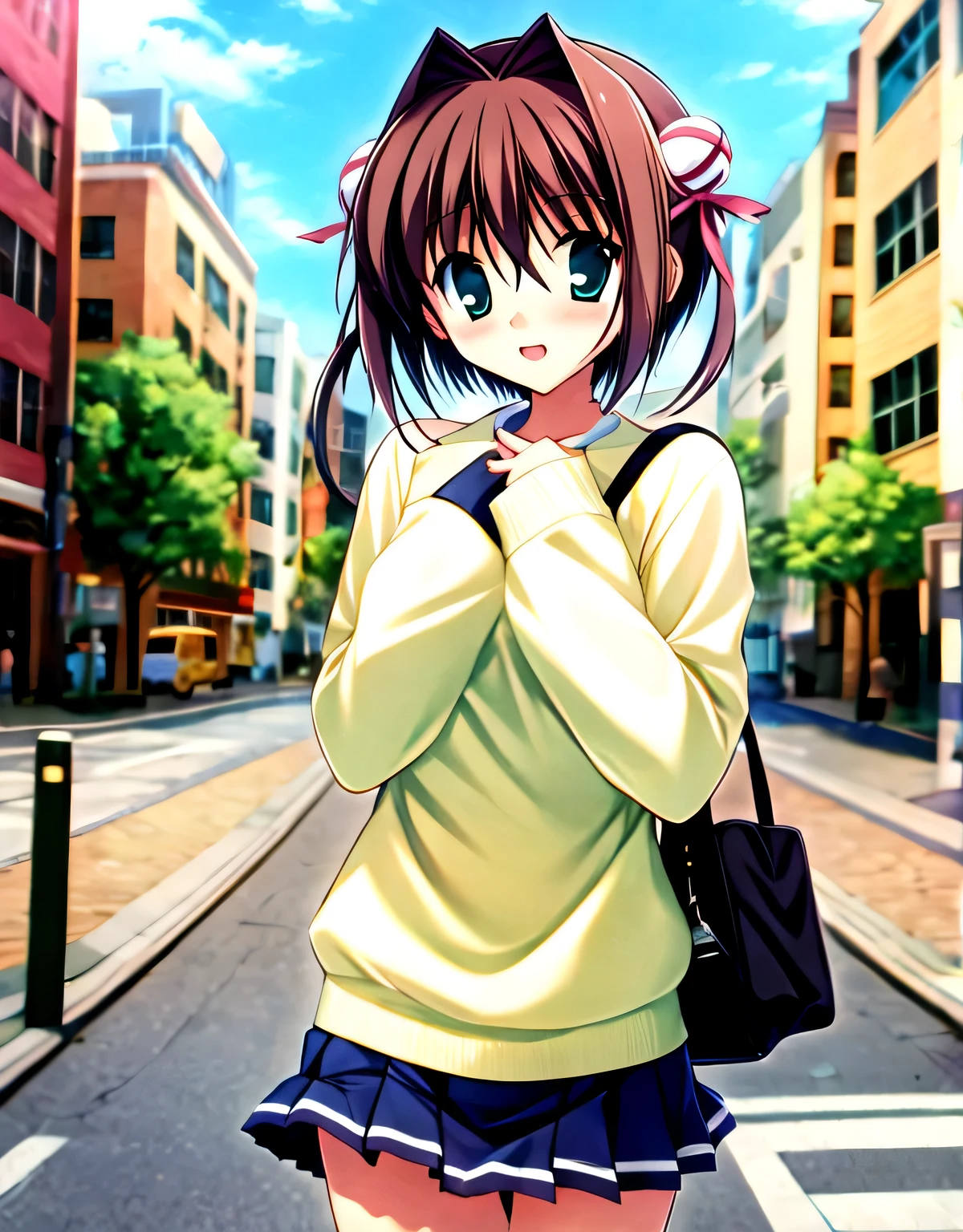 asakura_yume,Brown Hair,Medium Chest,Aqua Eye,White skin,city,No sleeve_sweater,mini skirt,