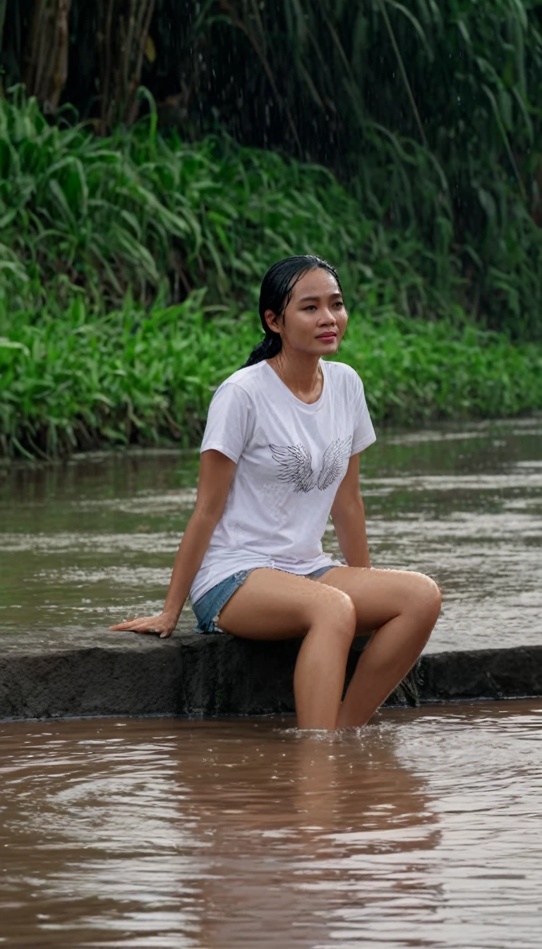 An Indonesian woman wearing a white t-shirt, soaking wet is sitting on the river bank, photo of an angel. shot, with shot, casual/professional photo, 4k, 3k Ultra, Epic, detailed and intricate, smooth, FHp with autofocus clear image quality
