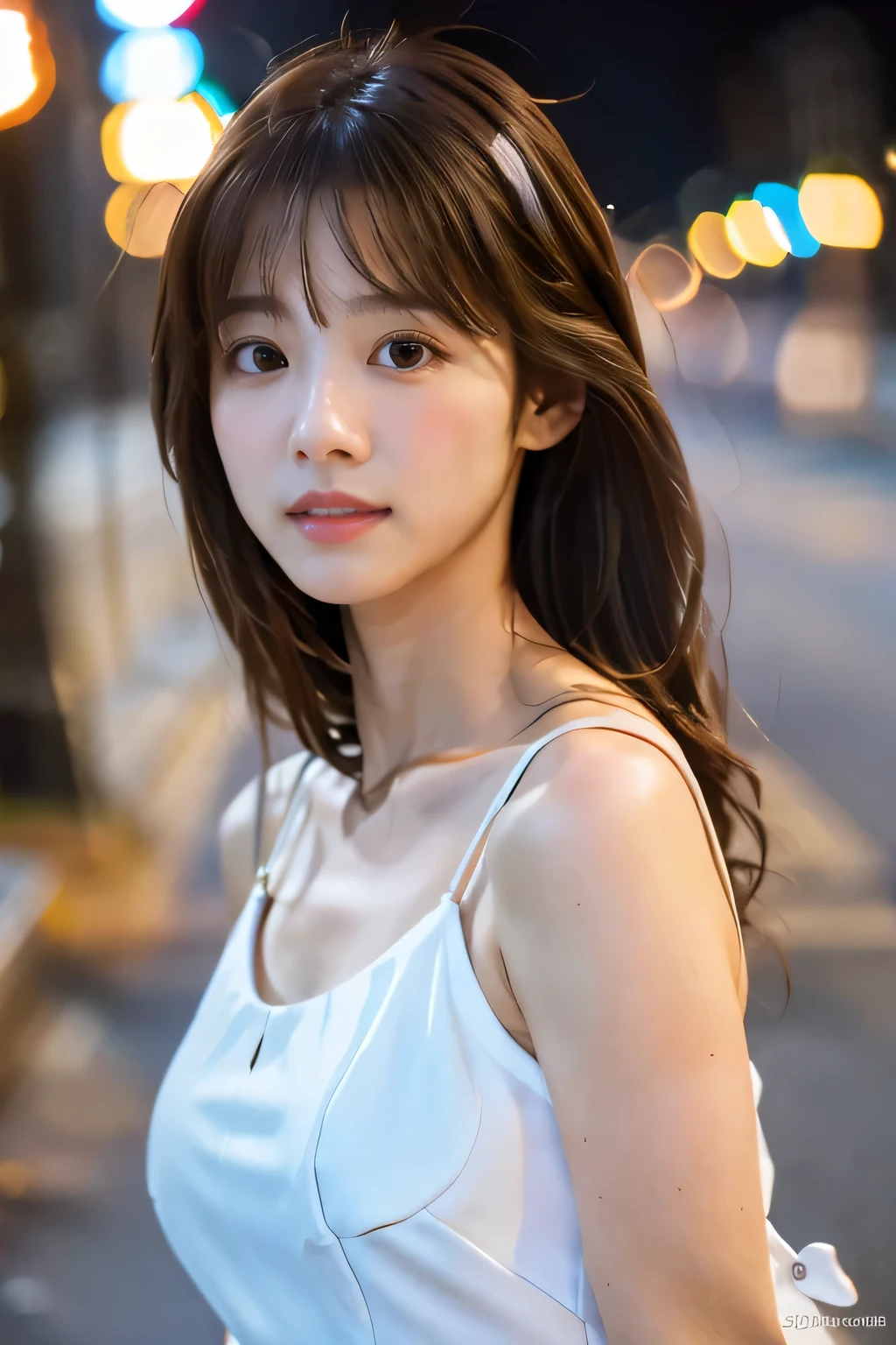 ((Realistic lighting, highest quality, 8k, masterpiece: 1.3)), concentrated: 1.2, One  girl, Perfect figure: 1.4, Slim Abs: 1.1, ((Dark brown hair)), (White Dress: 1.4), (Outdoor, night: 1.1), street, Very beautiful face, Beautiful Eyes, double eyelid,