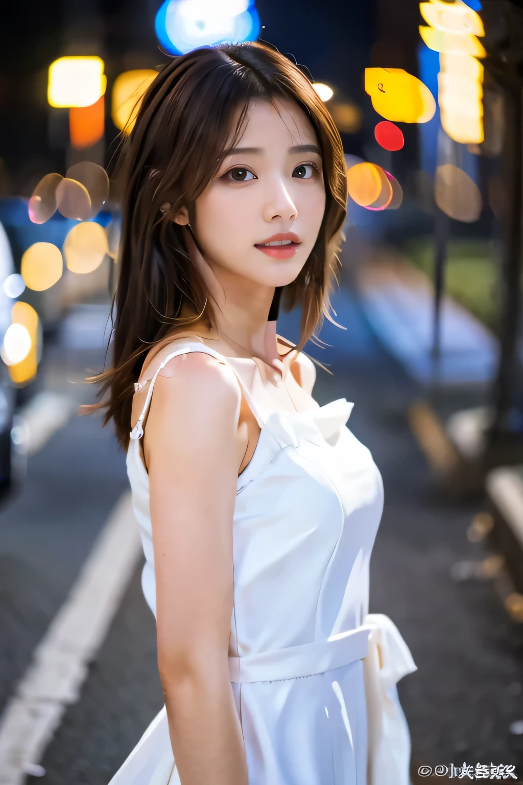 ((Realistic lighting, highest quality, 8k, masterpiece: 1.3)), concentrated: 1.2, One 17 year old girl, Perfect figure: 1.4, Slim Abs: 1.1, ((Dark brown hair)), (White Dress: 1.4), (Outdoor, night: 1.1), street, Very beautiful face, Beautiful Eyes, double eyelid,