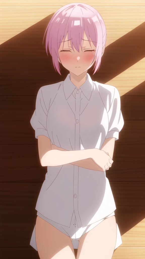 masterpiece, high quality, 8k, Beautiful lighting,sunny day, 1 girl, alone, Miyako Shikimori, ,((FULL Open white short-sleeved shirt)),,((Close ~ eyes:1.5)),((Open your mouth:1.5)), ((White panties)),,Close ~ eyes,,(((white lace panties))), ((Upper Body)),(slender thighs),,Detailed face,,,Lie on the classroom floor,blush