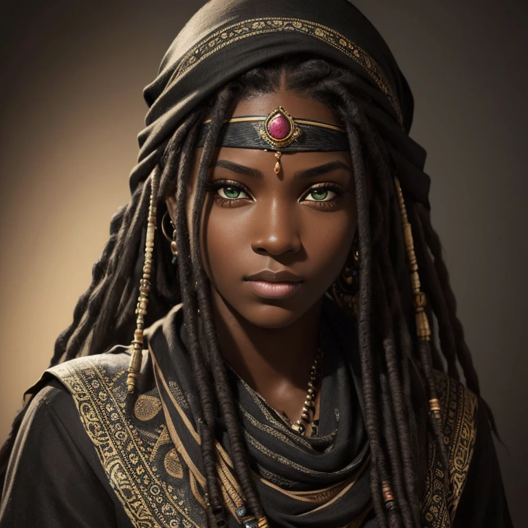 (best quality,ultra-detailed,realistic:1.37),portraits,pencil drawing,perfect,very beautiful black woman,bandana covering the lower part of her face,emerald eyes,penetrating gaze,dreadlocks,piercing