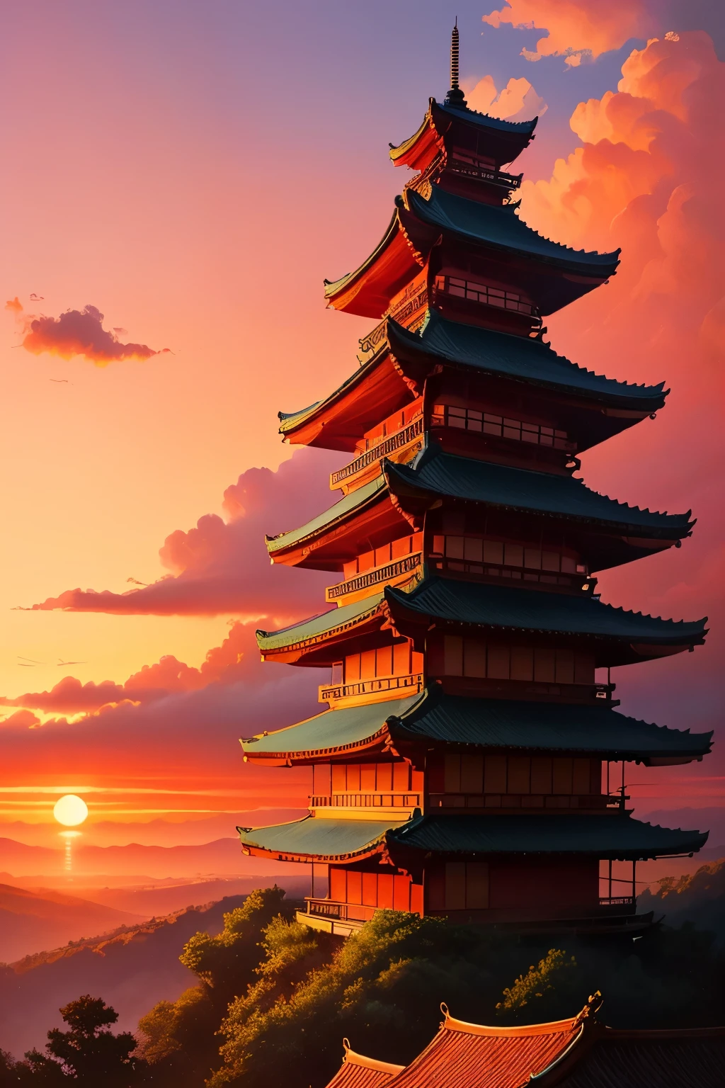 Red sky,A pagoda