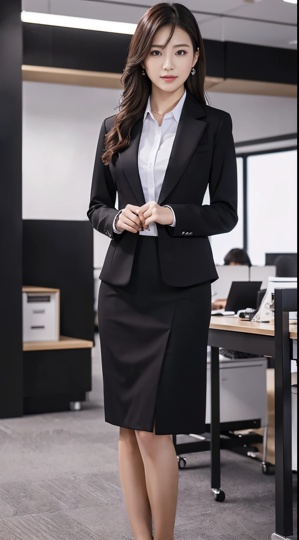 ((masterpiece, best quality,  FHD, 16K :1.3)) ,Japanese woman ,Black Suit ,Black Pencil Skirt, medium chest ,cowboy shot,Office