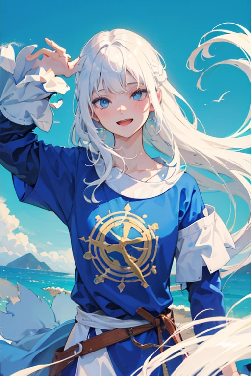 man, high quality, 4K, happy, laughing, looking at viewer, straight hair, white hair, blue eyes, fair skin, slim, long-sleeved t-shirt, 20-year-old, blue background, cel anime, upper body, from front