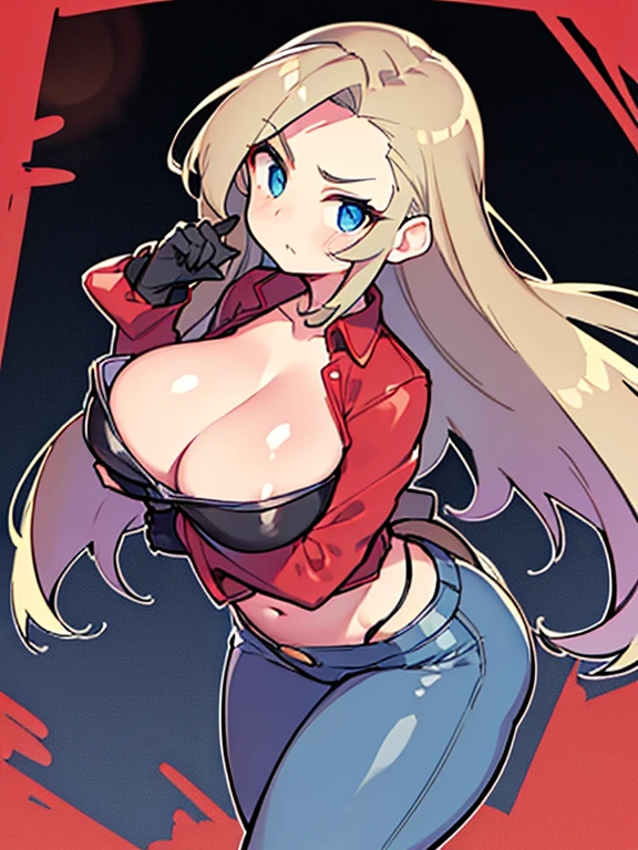 A Cute Girl, with Long Dark-Brunette Hair, Beautiful Blue Eyes, (Very Huge Breasts), (Super Massive Butt), normal waist, (Very Wide Hips), and is 5’6ft tall. Wearing an (Old Black Leather Jacket), a (Low Cleavage, Red Shirt), (weathered Dark-Blue Jeans), Grey Boots, and Black fingerless Gloves. In a Forest at night, with a Focused and Cautious expression.