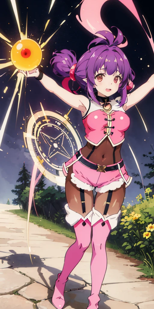 (short:1.4), (sherry:1.6), a woman in a sparse grassy forest, (dynamic pose:1.4), official anime artwork, official artwork, anime moe artstyle, dreamy psychedelic anime, anime wallpaper, anime visual of a cute girl, official art, fanart, masterpiece, best quality, high resolution, 8K, 4K, looking at viewer, large breasts, ass, smile edgYSD, collar, (dark brown leggings:1.5), (dark brown tights bodysuit:1.6), (purple hair:1.4), multiple aHoge, (dark red-gold eyes:1.2), gold eye accent, (hair_ornament:1.4), twin-tails, hair_tie, 1 girl, young female, beautiful finger, beautiful very long legs, beautiful body, beautiful nose, beautiful character design, perfect eyes, perfect face, expressive eyes, perfect lighting, shiny skin, nsfw, flushed skin, blushing face, lewd smile, slightly open mouth, gravure, pinup, very long legs, long thin pointy ears, (all visible leg skin covered by tights:1.2), (all visible stomach skin covered by tights bodysuit:1.4), (all visible hips skin covered by tights bodysuit:1.4), arms completely visible, (arms showing skin:1.2), japanese skin, (solid colors:1.4), lidded eyes, dark red-gold eyes, (pink short shorts:1.6), (pink sleeveless buttoned top:1.8), (pink outfit:1.2), (white trim:1.8), (white lapel:1.4), (thigh-high pink boots with white lapel:1.9), (black belt:1.2), (black garter-belts:1.8), (black garter-belts connecting boots to shorts:1.4), (boots pulled up by bootstraps:1.4), (bright sunny day in the grassy forest:1.4), flowers, almost clear skies, sunny, trees, forest plants, pebbles, field, top of pink boots are long white folded fabric with the bootstrap connected to the white part of the boots going above them, casting magic, (staff with pink orb:1.2), magic circle in the air, fire magic, fireball, magic circle, summoning circle, magic, spell, spell craft, casting magic, fantasy