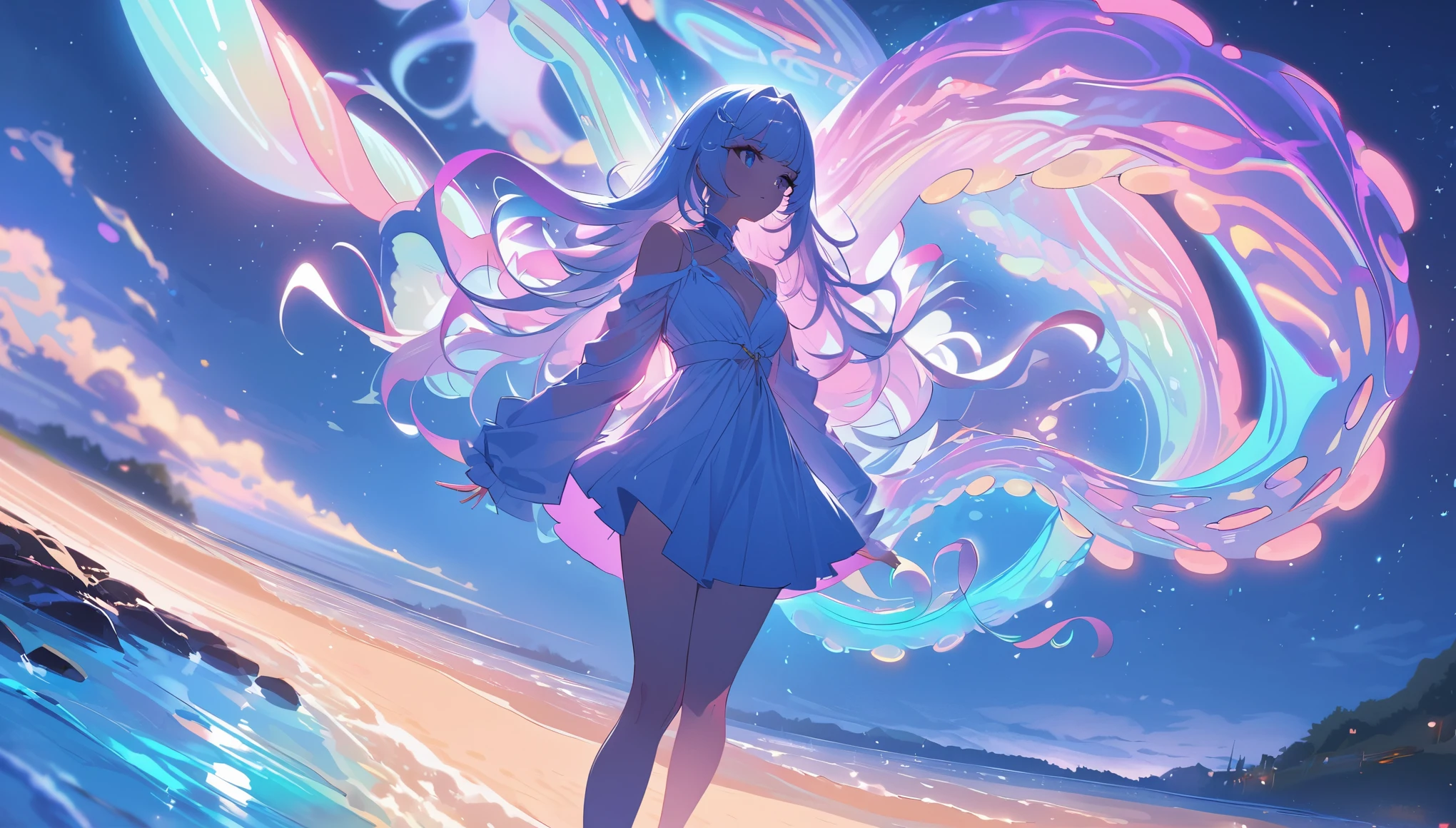 A (stunning nubile Malaysian woman strolling)(friendly fluorescent tentacle creatures) on a neon-lit beach under a starry, otherworldly sky