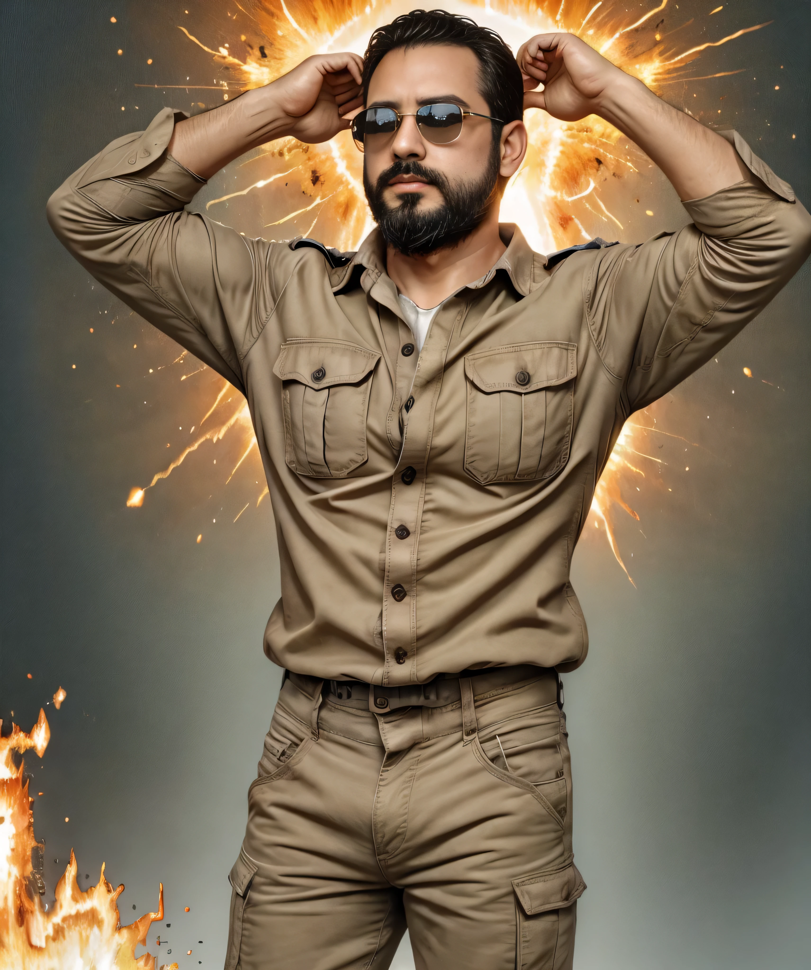 Obra maestra, desenfoque de campo, Parte superior del cuerpo, Hands in pants pockets, 38 year old chubby man with beard and square sunglasses.. Man in a military shirt in a space movie with a solar explosion in the background.