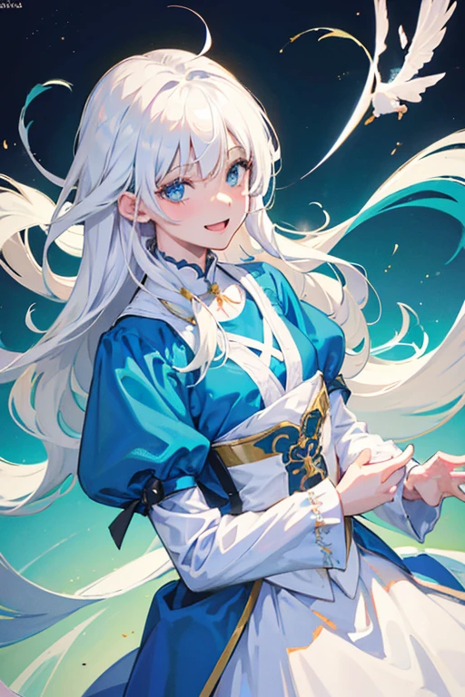 man, high quality, 4K, happy, laughing, looking at viewer, straight hair, white hair, blue eyes, fair skin, slim, long-sleeved t-shirt, 20-year-old, blue background, cel anime, upper body, from front