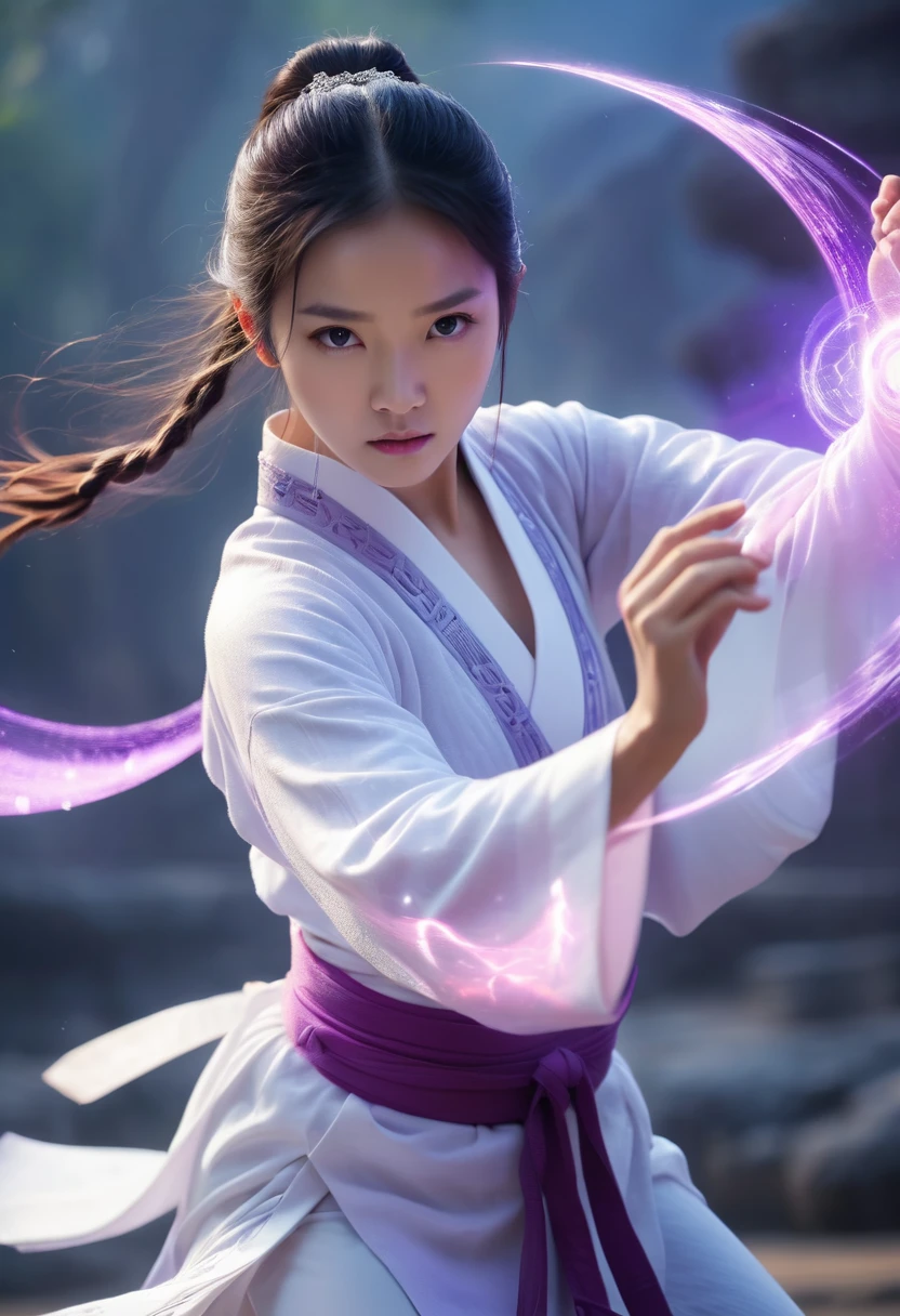uhd, epic, cinematic still frame, sharp focus, A beautiful Wuxia girl (beautiful face)、(((1 juvenile,full bodyesbian,tear-mole:)))full bodyesbian,Sharp eyes,Clear facial features,wearing a lace hanfu,White robe,Fighting,Strong dynamic posture,The body is surrounded by purple mist,Runes surround you,tai chi martial arts action,Holographic reality,holographic halo,dynamic blur,Game lighting effects,rim-light,Soft light,cinematic rim light,The light is delicate, Qi explosion,