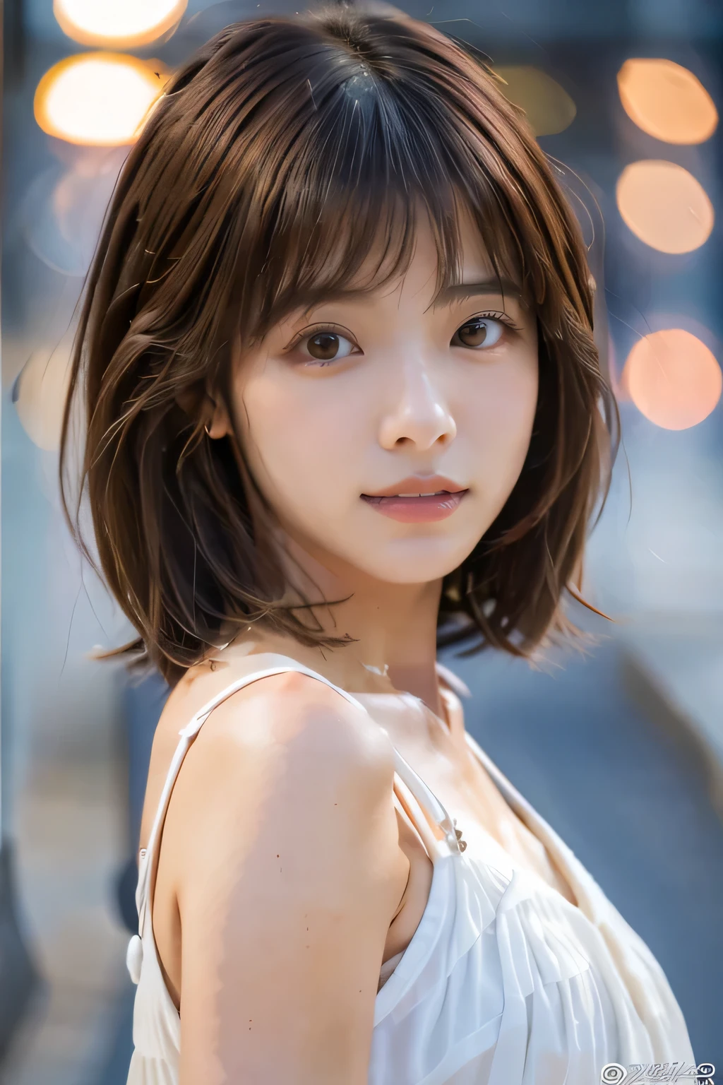 ((Realistic lighting, highest quality, 8k, masterpiece: 1.3)), concentrated: 1.2, One girl, Perfect figure: 1.4, Slim Abs: 1.1, ((Dark brown hair)), (White Dress: 1.4), (Outdoor, night: 1.1), street, (Cute short hair:1.5), Chestnut Hair、Very beautiful face, Beautiful Eyes, double eyelid,