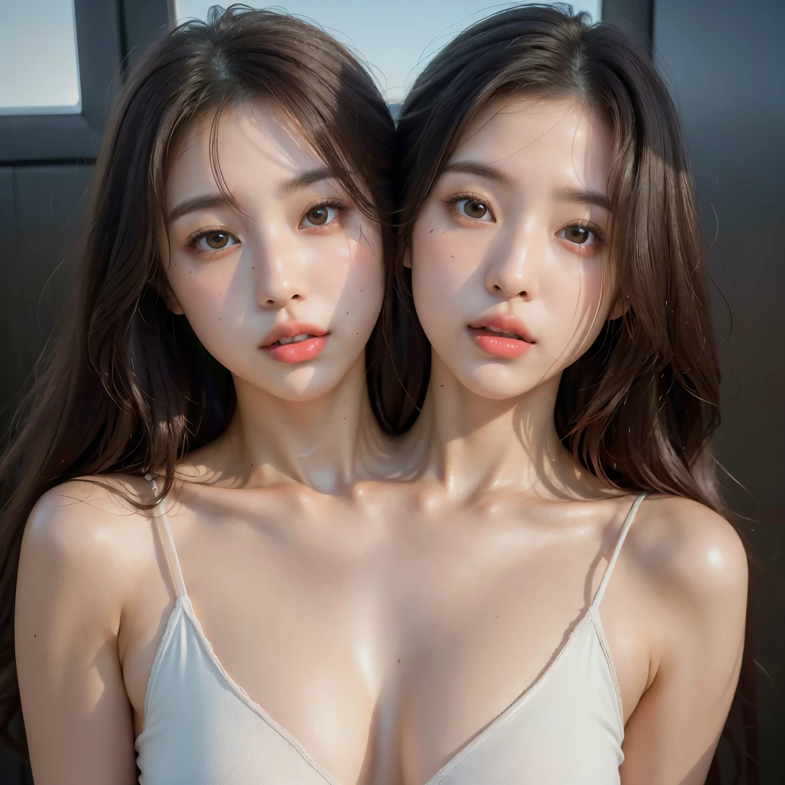 (8k, RAW photo, best quality, masterpiece:1.2), High detail RAW color photo, professional photograph, (realistic, photo realistic:1.37), cinematic light, 1girl, conjoined_dicephalus, (two heads:1.2), upper body