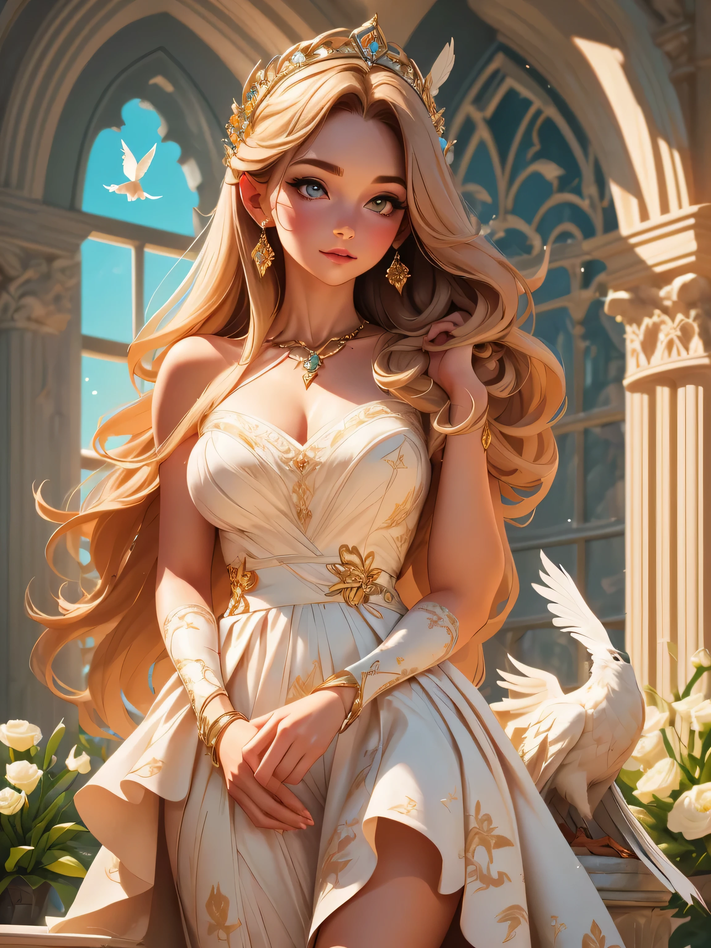 Wales goddess of love and beauty, castle window, flowers, brown straight hair, layered hairstyle, long white dress, holding a bird on her right hand, (best quality,4k,8k,highres,masterpiece:1.2),ultra-detailed,realistic:1.37,portrait,vivid colors,soft light