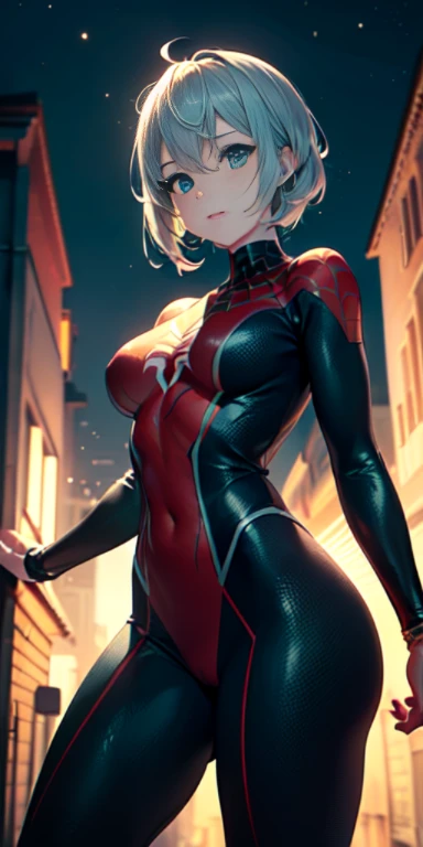 anime, anime profesional, (obra maestra, 4k-resolution, ultra realista, muy detallado), (Superhero themes black colors and fluorescent light green stripes, carismatic, hay una chica en la parte superior de la ciudad, vestido con el traje de Spider-Man de color negro y verde fluorescente, she is a superhero), [ ((25-years old), (Pelo largo y blanco: 1.2), Slim build, Cuerpo completo y perfecto, (ojos azules: 1.2), ((pose muy atrevida), (paisaje urbano, Por la noche, dinamic lights), (Luna llena)))]