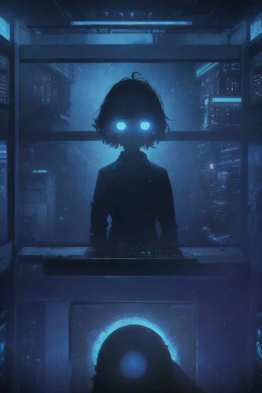 In the dimly lit room of an old computer lab, two piercing blue eyes, reminiscent of the 80s, search intently for something hidden within the maze of wires and flickering screens. The atmospheric digital typography of the era, adorned with the iconic "Atrograph --s2" logo, casts an intriguing glow upon their determined faces. The eyes dart back and forth between the monitors, each pixelated character a potential clue to the mysterious object they seek. The room is filled with the hum of ancient machinery and the soft clicking of keys, as they delve deeper into the labyrinth of data, their focus unwavering, driven
