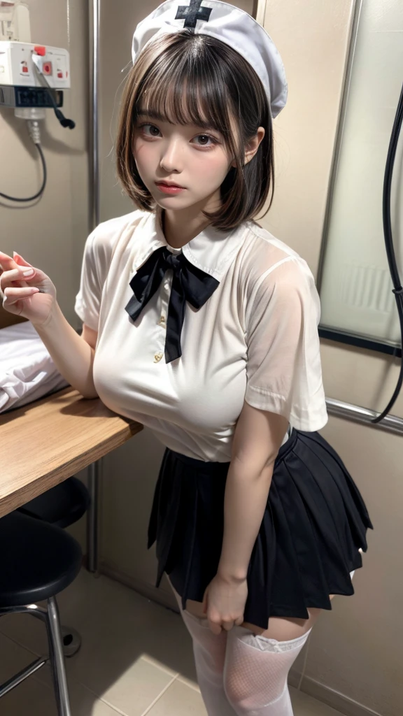 muste piece, best quality, illustration, Super detailed, fine details, High resolution, 8K,wall paper, perfect dynamic composition,(Details High quality, realistic depiction of eyes:1.3), Hospital Rooms、White nurse cap、White tights、White nurse uniform、to stand、Hand skirt、Flipping up a white skirt, large breasts,short bob hair, black hair color, Big Natural Color Lip, bold sexy pose, crying a little、cold gaze, Harajuku style、20 year old girl、cute type、lolita、beautiful legs, hposing Gravure Idol