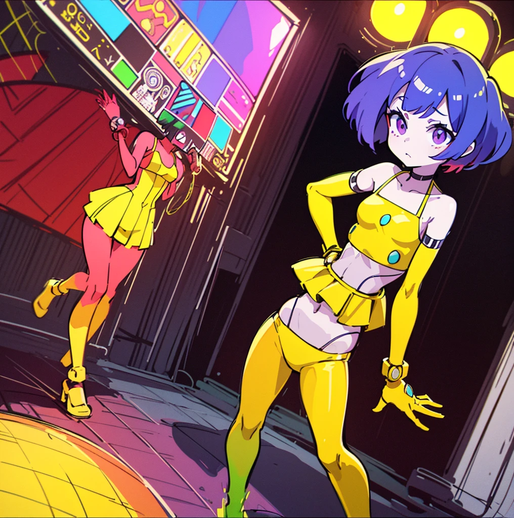 drawing of a woman in a yellow bikini next to a traffic light, some red and purple and yellow, some red and yellow, inspired by Tadanori Yokoo, digital art. colorful comic, [ digital art ]!!, [ conceptual art ]!!, colored sketch anime manga panel, biomechanical oppai, comic digital art, digital art!!, lowres