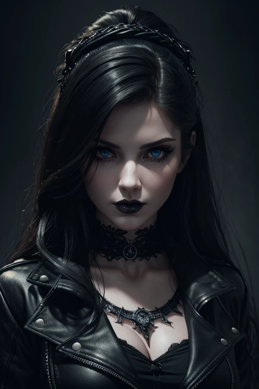 (best quality,4k,highres,masterpiece:1.2),ultra-detailed,Amanda Cerny as gothic girl,beautiful detailed eyes,beautiful detailed lips,extremely detailed face,3D rendering,gloomy atmosphere,dark fashion,black lipstick,pale skin,long black hair,smoky eye makeup,gothic accessories,leather jacket,fishnets,skull print,ominous background,moody lighting,portrait,expressive eyes,dramatic pose,vivid colors,high contrast,emotional art,horror inspiration,romantic vibes