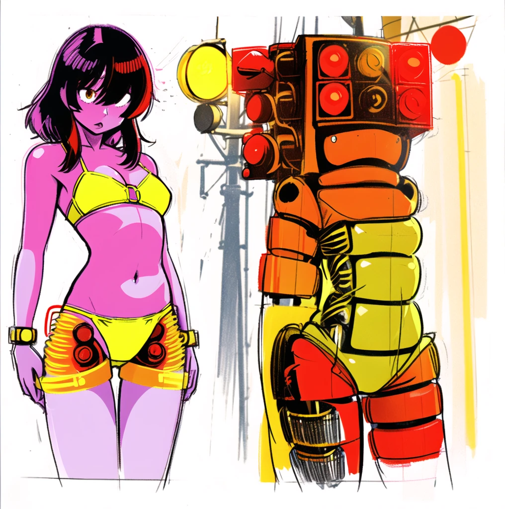 drawing of a woman in a yellow bikini next to a traffic light, some red and purple and yellow, some red and yellow, inspired by Tadanori Yokoo, digital art. colorful comic, [ digital art ]!!, [ conceptual art ]!!, colored sketch anime manga panel, biomechanical oppai, comic digital art, digital art!!, lowres