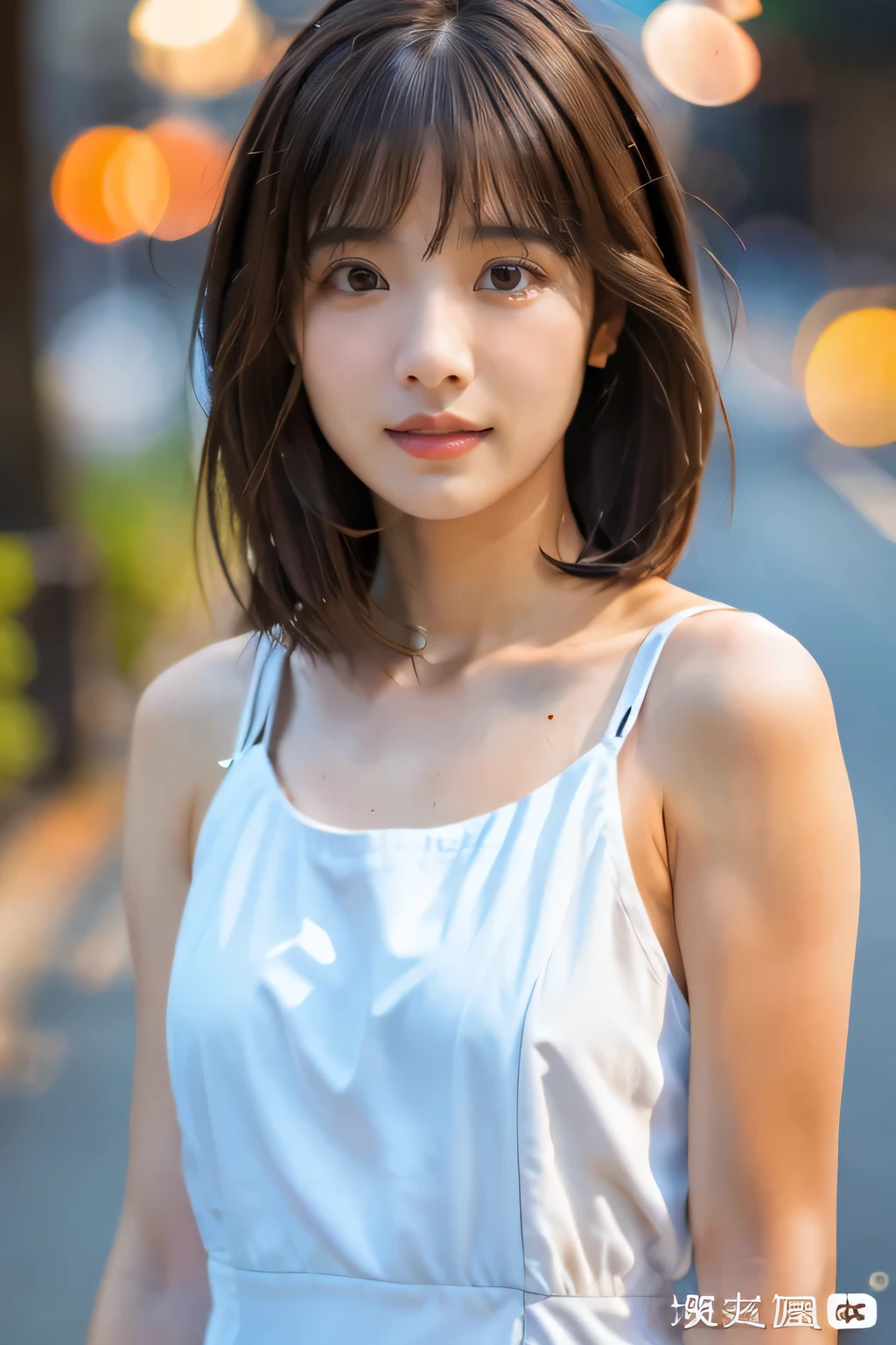 ((Realistic lighting, highest quality, 8k, masterpiece: 1.3)), concentrated: 1.2, One 17 year old girl, Perfect figure: 1.4, Slim Abs: 1.1, ((Dark brown hair)), (White Dress: 1.4), (Outdoor, night: 1.1), street, (Cute short hair:1.5), Chestnut Hair、Very beautiful face, Beautiful Eyes, double eyelid,Sexy knee to head pose