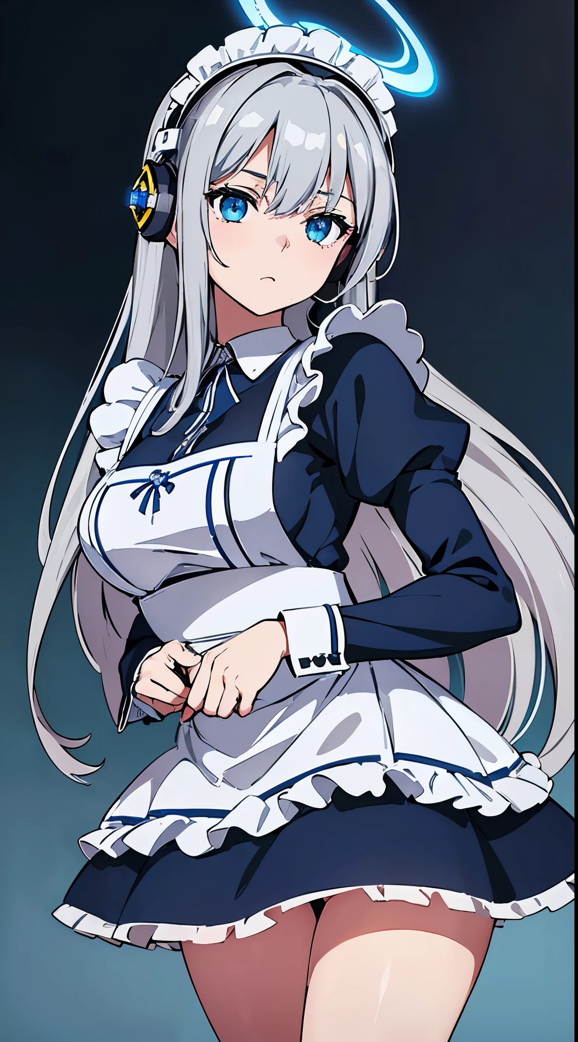 ((Blue shining mechanical eyes:1.4))、((8k)), ((32k)), ((highest quality)), ((masterpiece)), ((超A high resolution)), ((Tmasterpiece)), ((halo:1.4))、((銀色のメカニカルheadgear:1.4))、((Frill headband:1.3))、((Silver Cyber Headphones:1.3))、Fine skin, High quality fabric、((Beautiful and dense face))、RAW Photos、Professional, Ultra-fine painting, ((alone)), Beautiful breasts、highest quality, Very detailed, Very detailed詳細, Finer details, so beautiful,bangs, blue eyes, ((Wearing maid uniform:1.3))、cowboyshot, cowboy_shot, Side Focus, headgear, Shiny、(Five Fingers, Four fingers and thumb)、 (((Long silver hair)))、Sleek and intimidating design,8k high quality detailed art, 3D rendering of character art in 8K, neat legs, Defined, Defined fingers,((headshot:1.3))