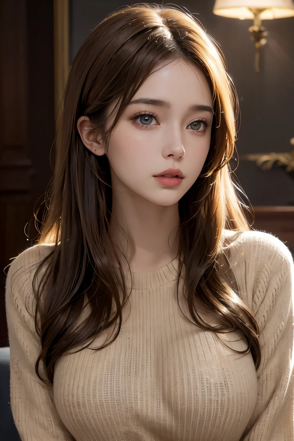 bust-up image, best quality, super fine, 16k, incredibly absurdres, extremely detailed, golden ratio, beautiful woman, beautiful realistic round face, seductive expression, beautiful light brown straight medium hair, beautiful hairstyle, beautiful realistic eyes, beautiful realistic skin, wearing beige loose sweater, background room with light bulb ultra warm white color