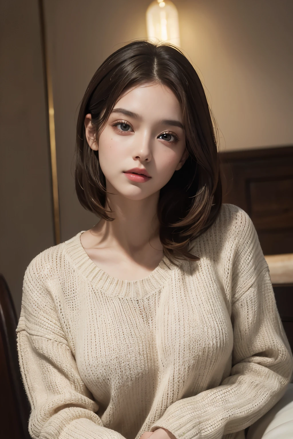 bust-up image, best quality, super fine, 16k, incredibly absurdres, extremely detailed, golden ratio, beautiful woman, beautiful realistic round face, seductive expression, beautiful light brown straight medium hair, beautiful hairstyle, beautiful realistic eyes, beautiful realistic skin, wearing beige loose sweater, background room with light bulb ultra warm white color
