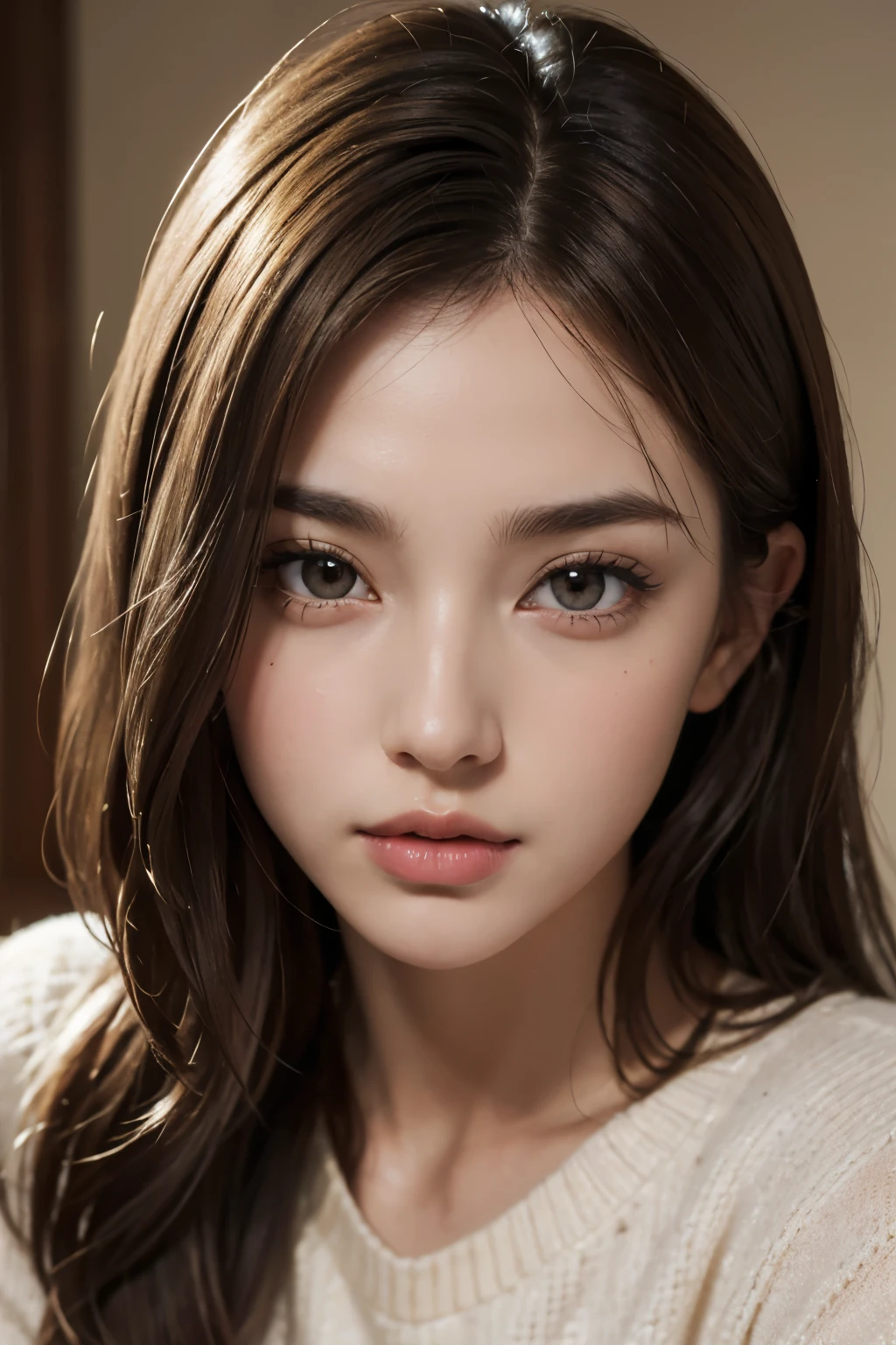 bust-up image, best quality, super fine, 16k, incredibly absurdres, extremely detailed, golden ratio, beautiful woman, beautiful realistic round face, seductive expression, beautiful light brown straight medium hair, beautiful hairstyle, beautiful realistic eyes, beautiful realistic skin, wearing beige loose sweater, background room with light bulb ultra warm white color