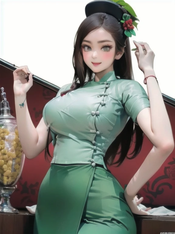 （(White light and shadow background：1.8)),((studio lit：1.8))（the Extremely Detailed CG Unity 8K Wallpapers，tmasterpiece，best qualtiy，ultra - detailed，best illuminate，best shadow，dynamic angle，dynamicposes），（untidy），（Playful）1 GIRL、Chun- li、boots、bangle、with brown eye、Green hair、Bun cover、Green porcelain transparent bikini。Crossover laces， double bun hair， shift dresses， hair-bun， jewely， obi strip， short detailed hair， 独奏， Spiked bracelet， finger nails， putting makeup on， a 1 woman， 25 age old， 熟妇， Beautiful Finger， Beautiful legs， beautiful figure， Nose beautification， Beautiful character design， perfect  eyes， s the perfect face， jewely）， ssee-through， Long legs，Tall guy，looking at viewert， hair adornments， choker necklace， is shy， showy， （Bigchest: 1.2）， Thick thigh 1.6））， （（Green pelvic curtain： 1.6）） The upper part of the body，Floating skirt， Correct anatomy， detailed clothing texture，lacepantyhose， 3D， from below