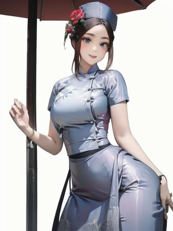 A woman in a white cheongsam standing next to the pond, beautiful Chinese woman, white cheongsam, short cheongsam, tight, pink print, she is about 30 years old, sexy chest, thighs, earrings, light body, smile, thin clothing, cute woman