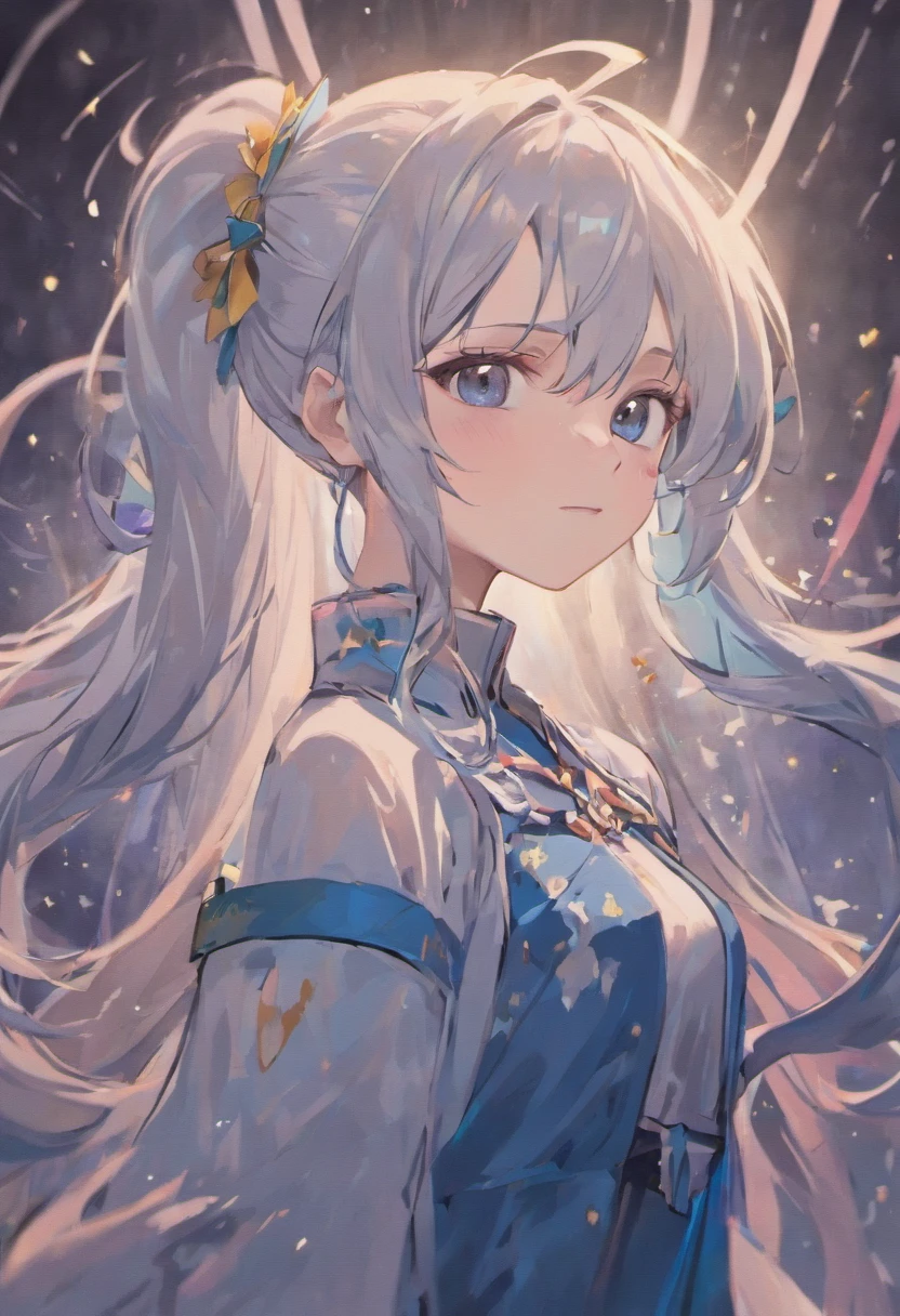 (masterpiece,best quality), , facing front, , {middle view}, , {long hair}, (ponytail),, {upper body}, , {white hair}, , {fantasy},, {anime woman}, , {bright blue eyes},, {smile}, {white blouse}, , {black clover style}, , {ribbons in hair}