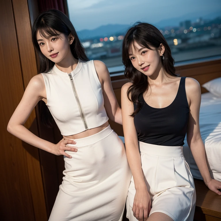 2girls, 16 K, Best Quality, 超A high resolution, Bare shoulders, dark blue qipao, chinese clothes, Short dress, cleavage cutout, sideboob barbosa, thighs thighs thighs thighs,White enamel underwear, Train interior, Sitting, Full body, Legs, thighs thighs thighs thighs, (Panties:1.2), Skirt lift, lifted by self, look looking at viewer, Seductive smile, Braids, BREAK,Blonde long hair, JK train opposite ,Realistic, Lips, Slender thighs, Slender legs,
Open knees、Retro underwear、Spread legs,
