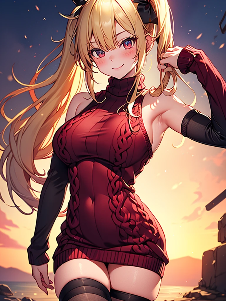 (highest quality, High resolution, perfect pixel, Depth of bounds written, 4K), bed, (cowboy shot), detailed eyes, (1 lady), tall, slim, perfect body, large breasts, blond hair, (side ponytail:1.2), (wine red virgin killer sweater dress:1.2), (sleeveless), bare back, (standing), (arm up), seductive smile, blush, (knee-length stockings:1.3), 